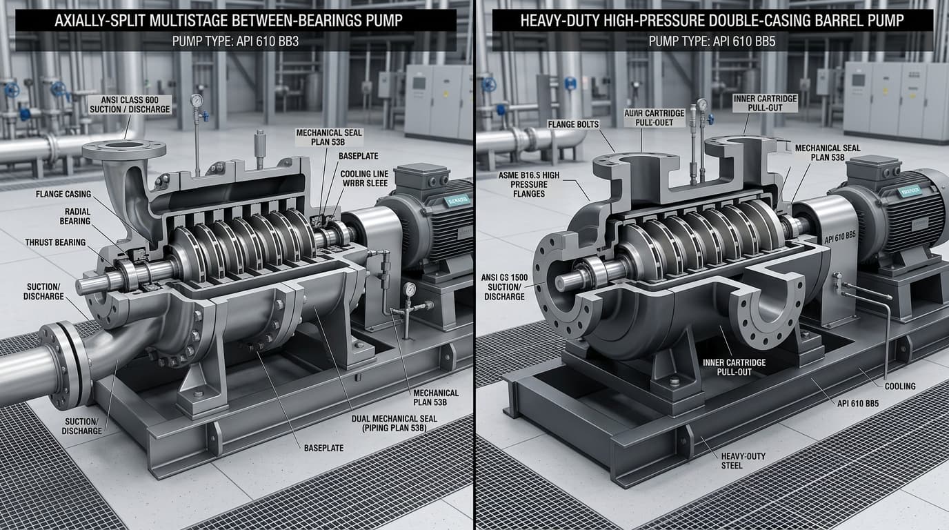 High-resolution 3D engineering cutaway comparison of an API 610 BB3 axially split pump versus an API 610 BB5 double-casing barrel pump