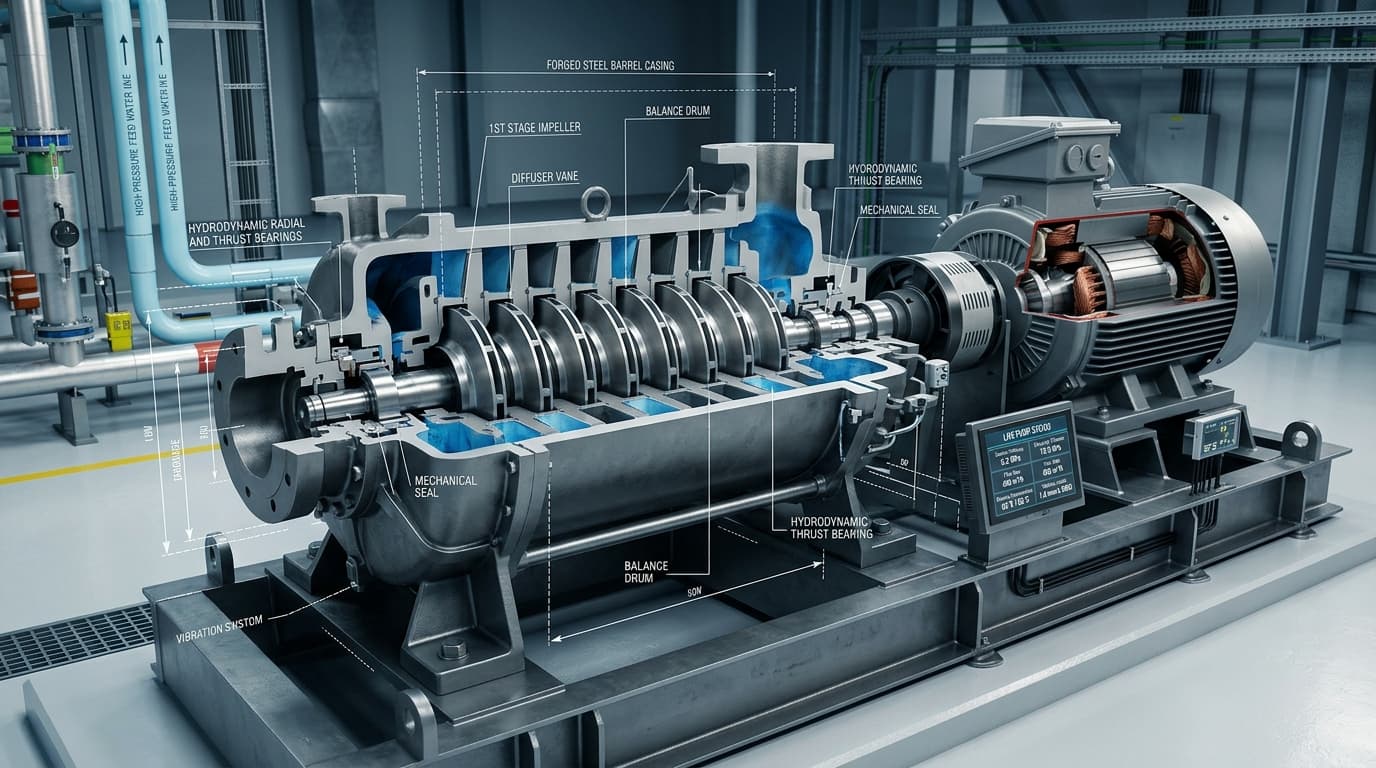 High-resolution industrial cutaway of an API 610 BB3 multistage boiler feed pump skid with impellers, diffusers, and motor