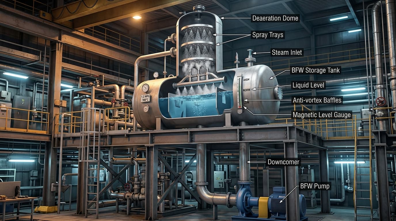 Industrial cutaway schematic of an elevated horizontal deaerator vessel with spray trays, internal baffles, level gauge, and downcomer