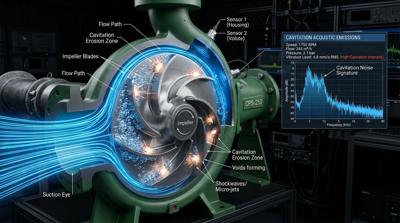 High-resolution technical engineering cutaway showing cavitation bubble implosions, micro-jets, and acoustic vibration FFT frequency telemetry